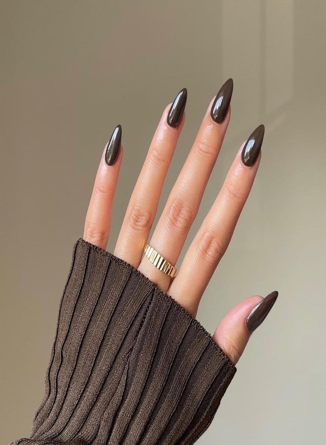 XCREANDO Brown Almond Shaped Nails, Medium Length, 24pcs Press On False Nails, Reusable, No UV Light Needed - Image 3